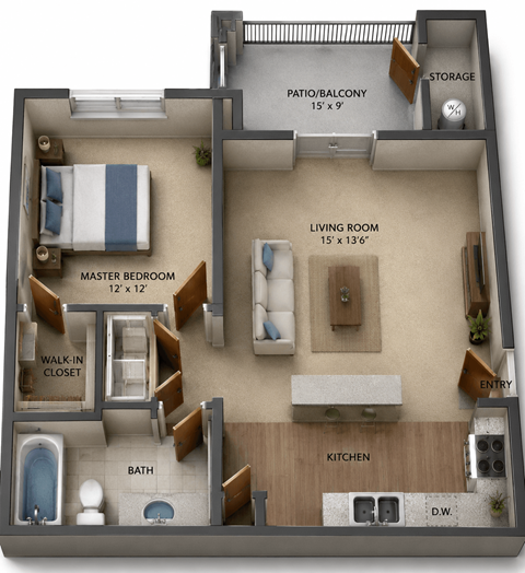Floor plan for 1 bed, 1 bath, 656 sqft